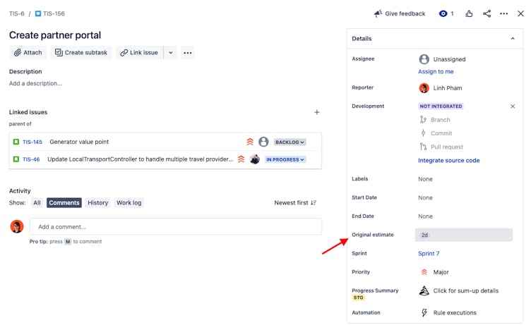 Screenshot showing how to access the Original Estimate field in time tracking for Jira