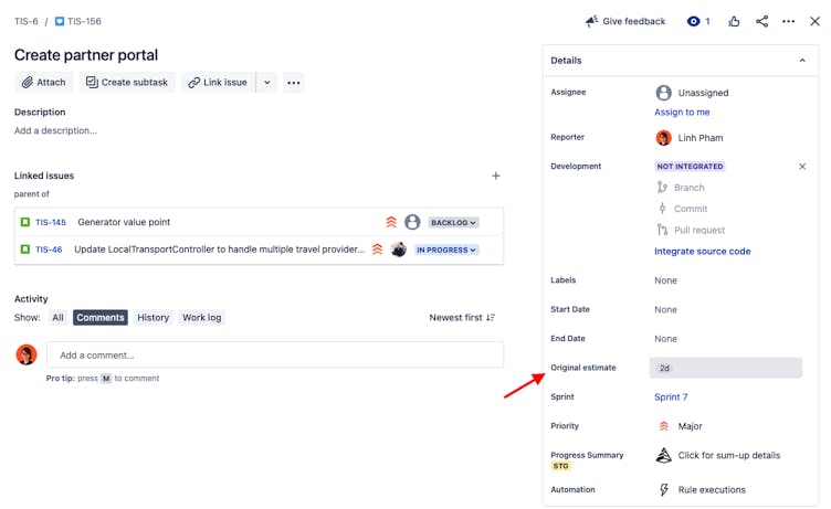 Screenshot showing how to access the Original Estimate field in time tracking for Jira