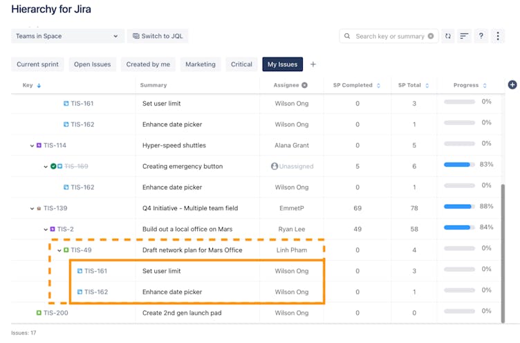 Screenshot showing how to prioritise issues using Jira Quick Issues