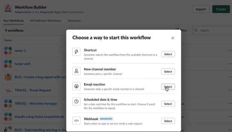 Screenshot showing how to choose your workflow trigger in the Slack Workflow Builder