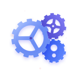 Three blue connected cogs.