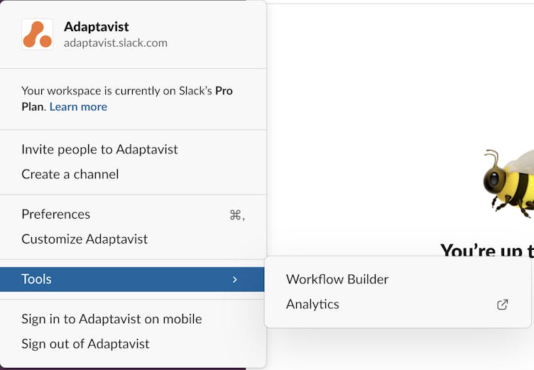 Screenshot showing how to access Slack Workflow Builder through the tools menu