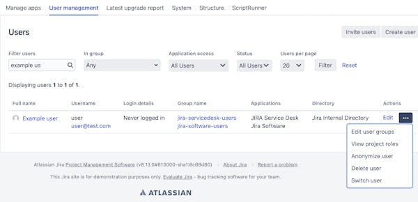 Switch user when in the User management space screenshot