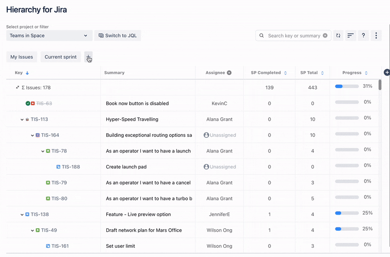 GIF showing how to use Quick Filters in Hierarchy for Jira