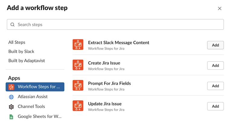 Screenshot of the available Workflow Steps