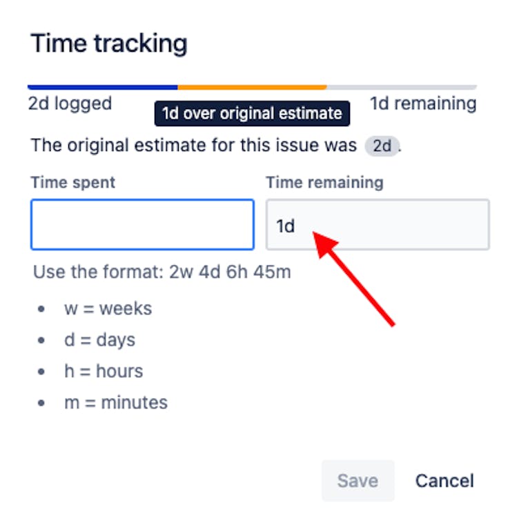 Screenshot showing use of the time tracking function in Jira
