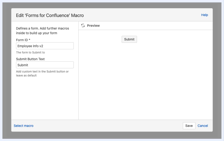 Screenshot of Forms for Confluence macro screen