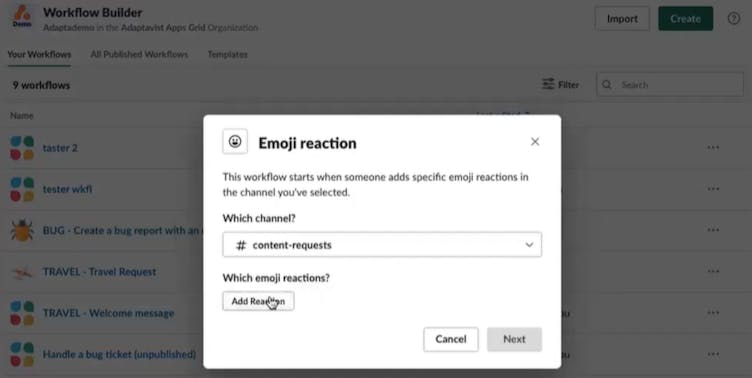 Screenshot showing how to choose an emoji reaction as your workflow trigger