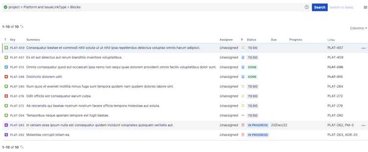 Snapshot view of Jira linked issues