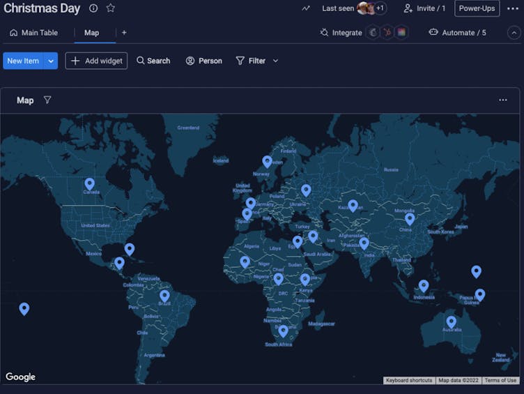 Santa's map view on monday.com