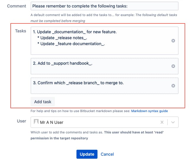 Automatically add tasks to pull request updates. ScriptRunner  for Bitbucket