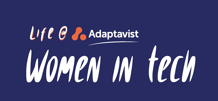 Life @ Adaptavist, women in tech handwritten against a denim background