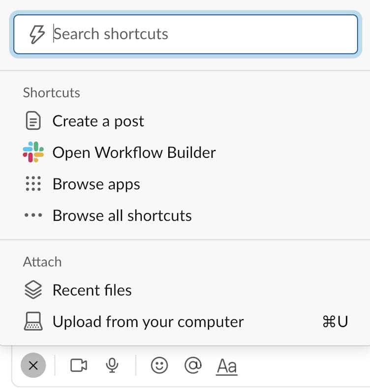 Screenshot showing how to access Slack Workflow Builder using the shortcuts menu