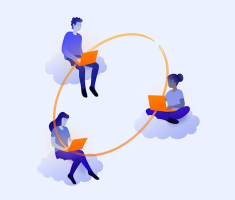 Three people each sitting on a cloud with a laptop, connected by an orange circle