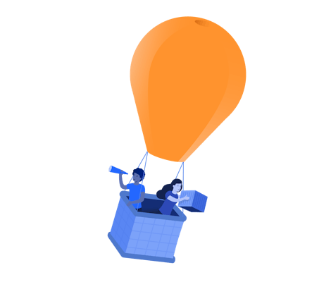 Two people in a hot air balloon with Kubernetes box