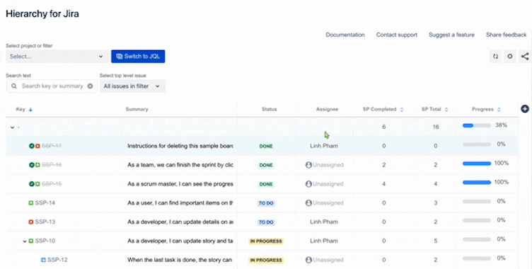 GIF showing issue details module in Hierarchy for Jira