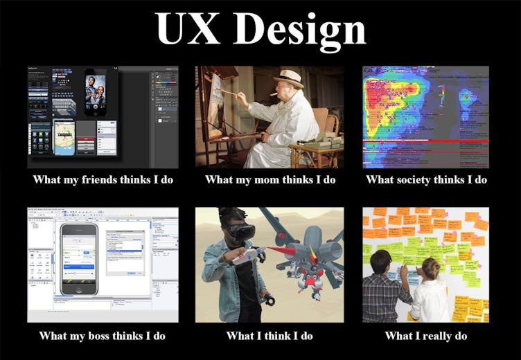 Meme showing various examples of what people think a UX designer does