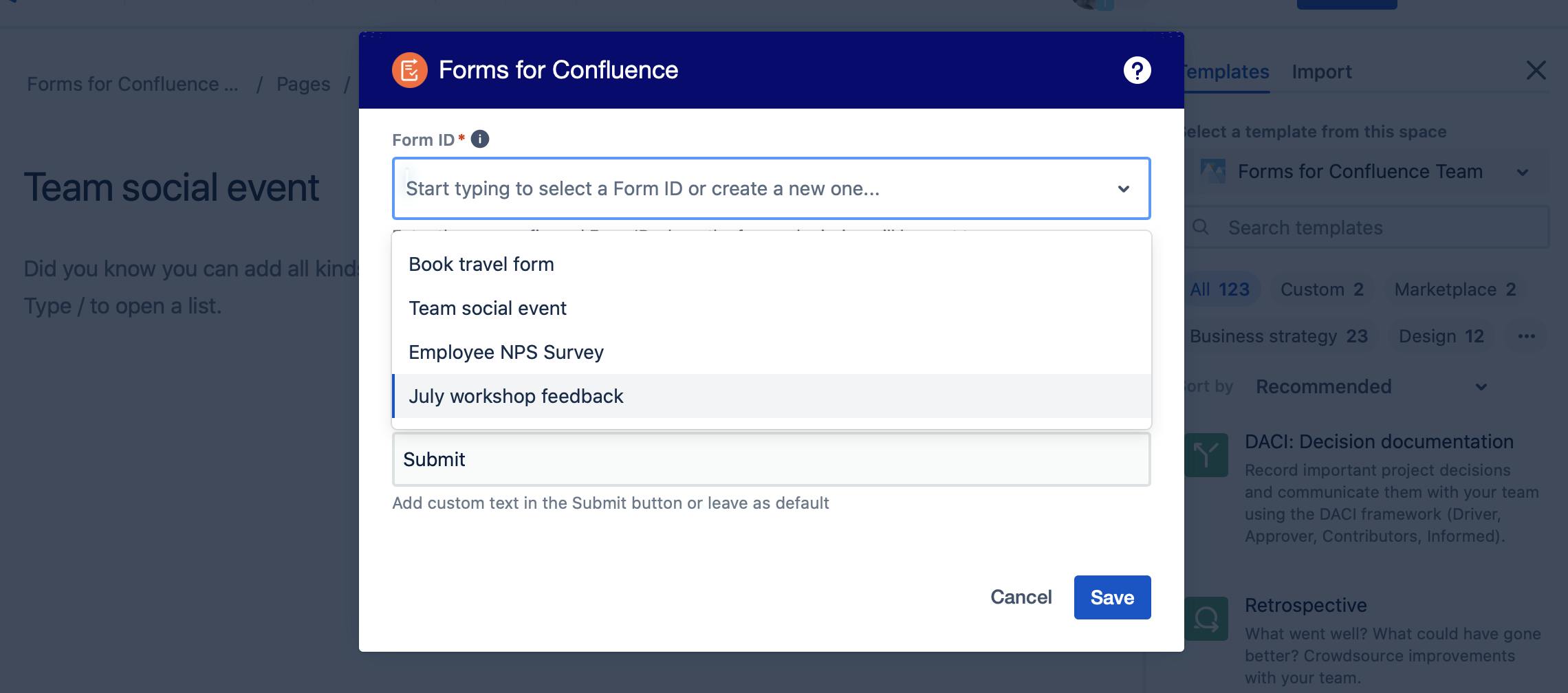 Selecting a form from a drop down list in Confluence
