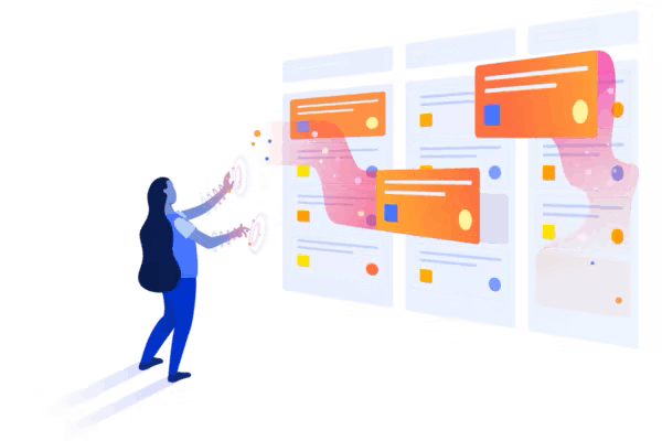 Woman waves hands in front of a large virtual Jira board with orange squares coming off the board