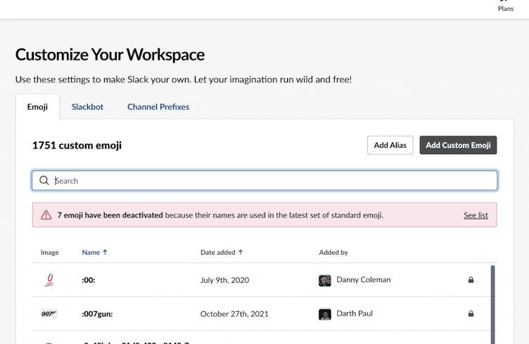 GIF showing how to delete custom emoji Slack