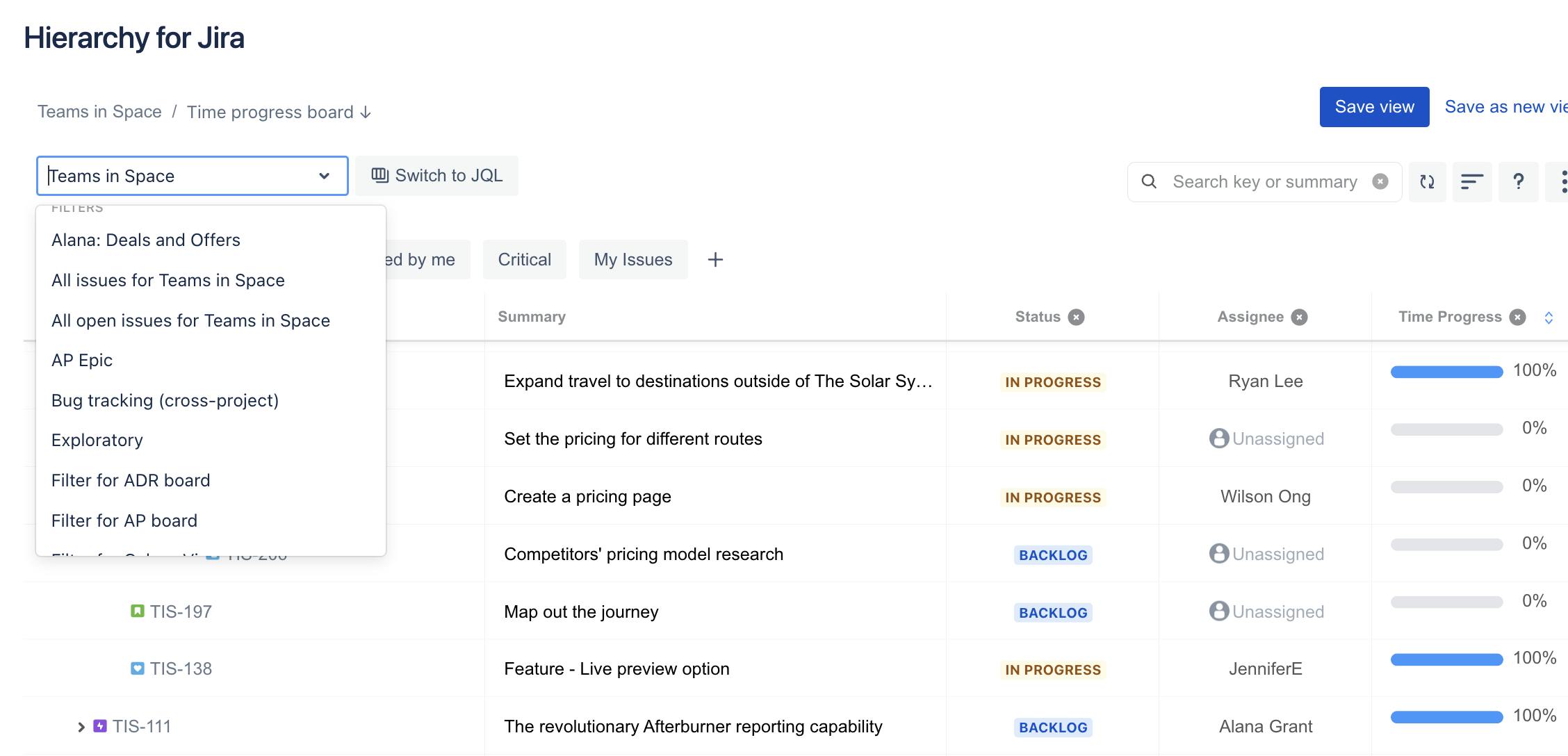 Using the search bar within Jira 
