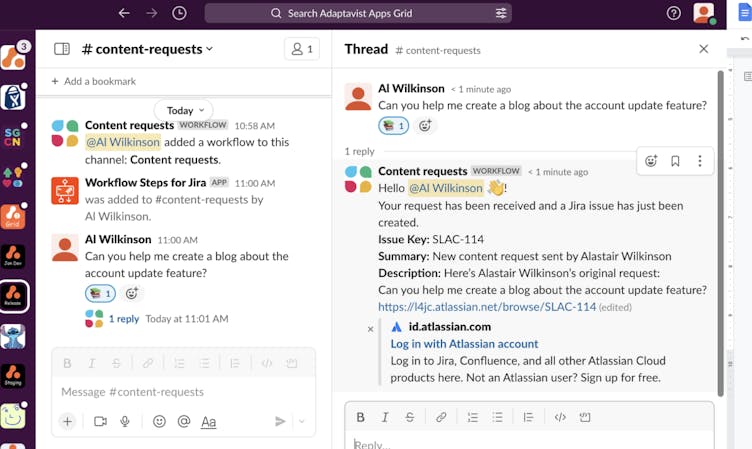Screenshot showing the content creation workflow in Slack