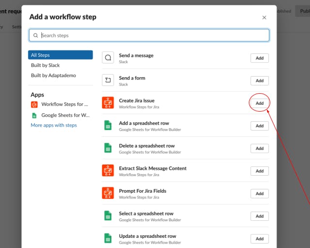 Screenshot showing how to access the Create Jira Issue from Slack step using Workflow Steps for Jira app in Slack