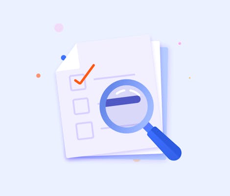 Magnifying glass hovering over papers with a checklist