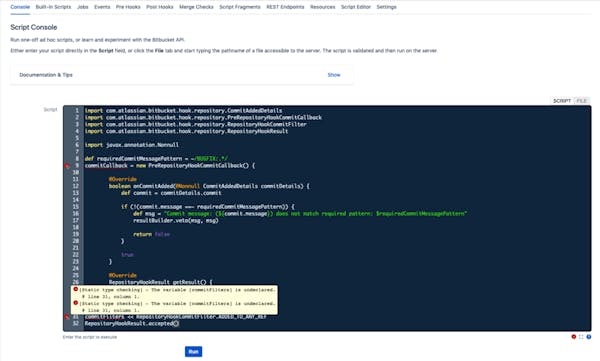 Screenshot of the script console in ScriptRunner for Bitbucket