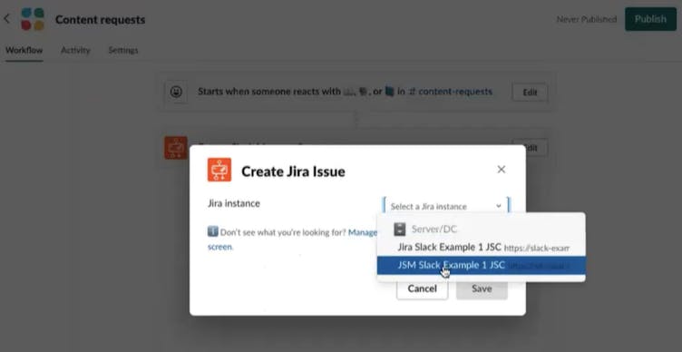 Screenshot showing how to select your Jira instance