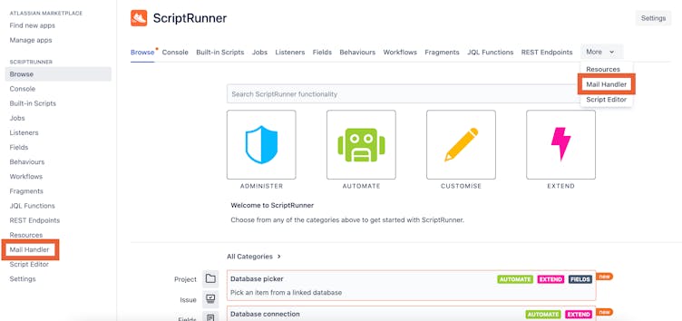 ScriptRunner for Jira's Mail Handler can now be found in both the left hand menu and the top menu, under 'More'