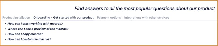 Screenshot of Tabs macro grouping FAQs by subject