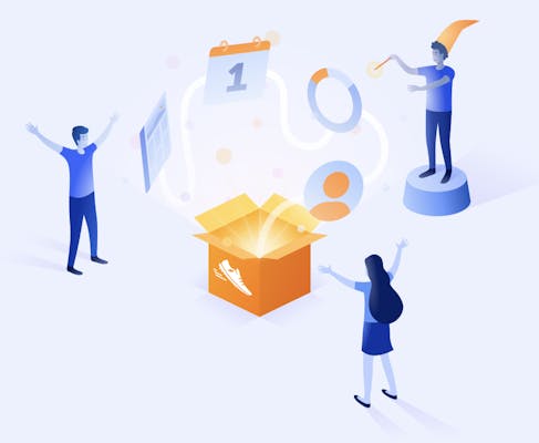 Three colleagues encircle a box with the ScriptRunner logo which is releasing magical sparks