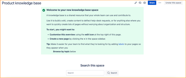 Screenshot of a welcome message at the top of a newly created Confluence knowledge base