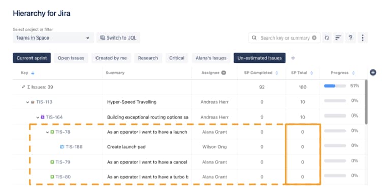 Screenshot showing how to do backlog refinement for sprint planning using Jira Quick Filters