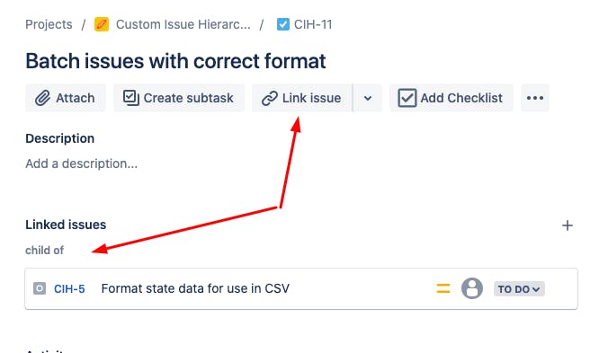 Screenshot showing linked issues in Jira