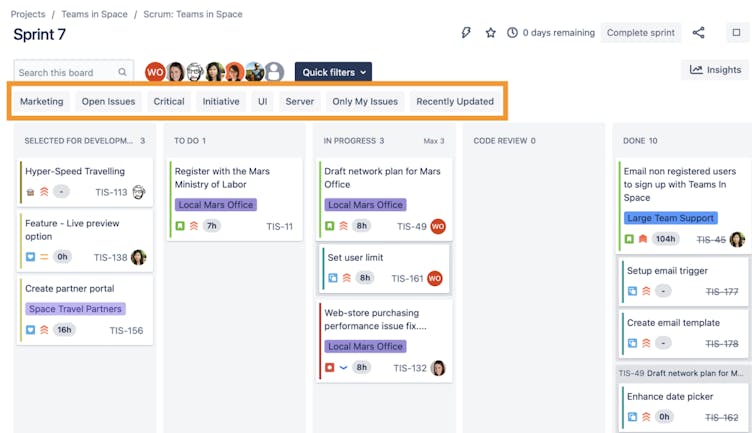 Screenshot showing Jira Quick Filters