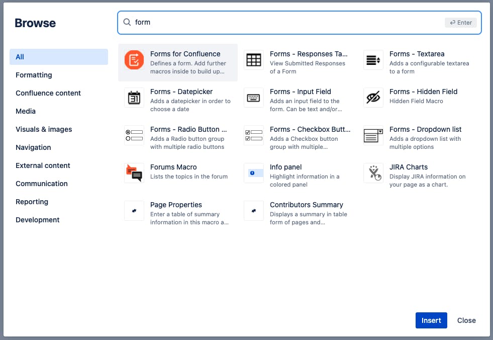 Screenshot of Confluence macros browsing screen