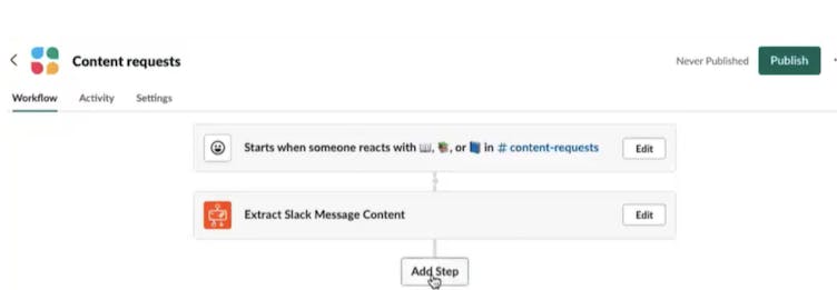 Screenshot showing how to add a step to the workflow