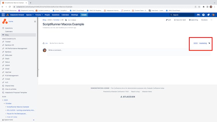 Confluence page using the add label macro