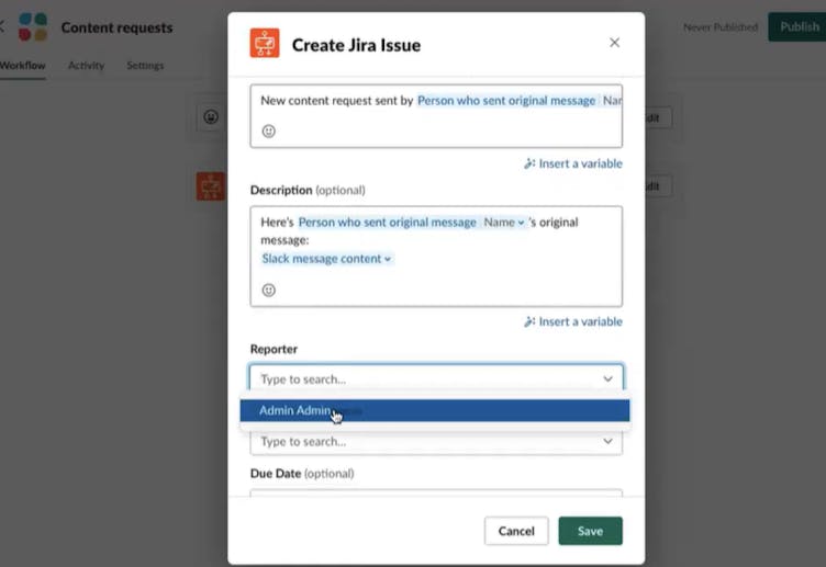 Screenshot showing how to select the issue reporter