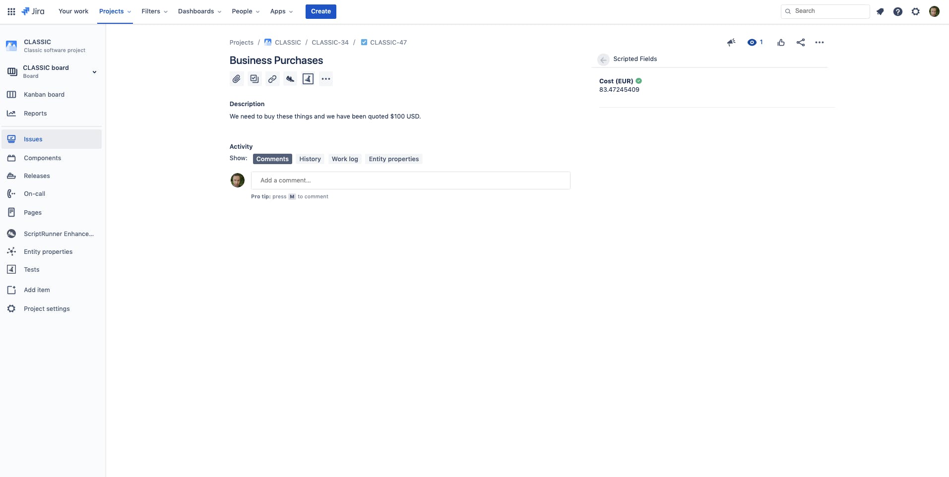 Scripted Fields is used to show the cost in Euros on the right of the screen, automatically converted and logged.