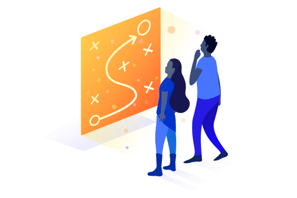 Two people looking at board of crosses and an arrow