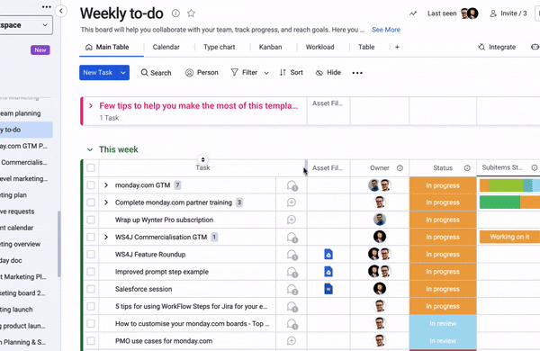 GIF showing how to resize and drag and drop columns in monday.com