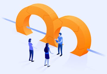 Two orange half circles with a blue line through and a man standing in front of a half circle talking to two people