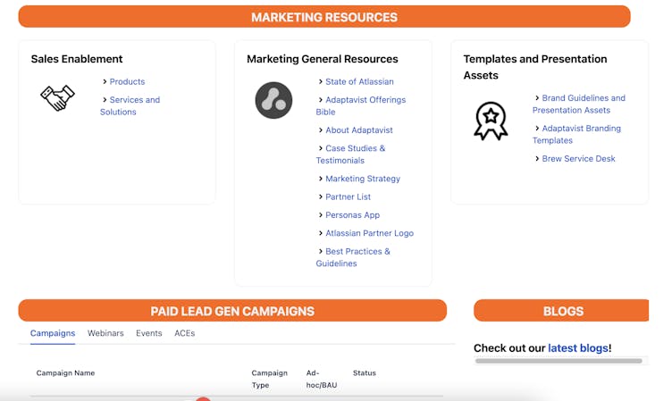 Screenshot of internal marketing hub