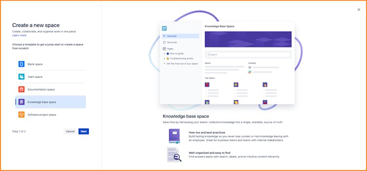 Confluence window showing templates a user can choose from when creating a new space