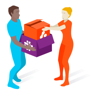 illustration of figures unpacking boxes of with slack and adaptavist logos