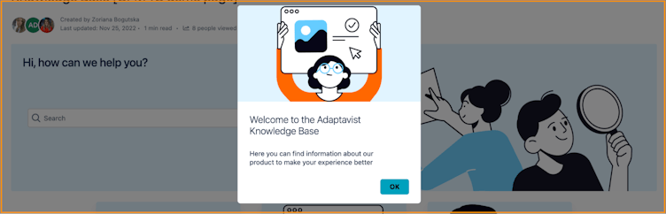 Screenshot of a pop-up dialogue displaying a welcome message in Confluence