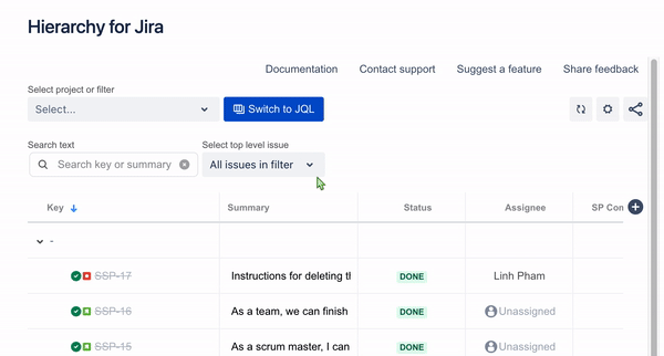 GIF showing Hierarchy for Jira in use